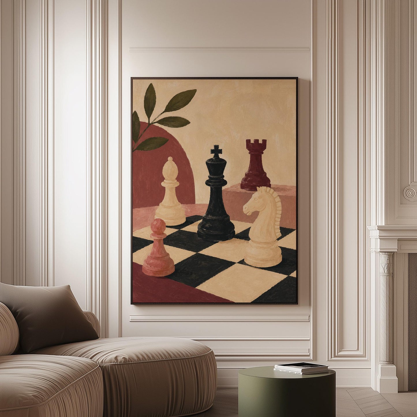 Chess pieces on a tilted board with an olive sprig and a red arch, canvas print on a softly lit wall in a calm interior