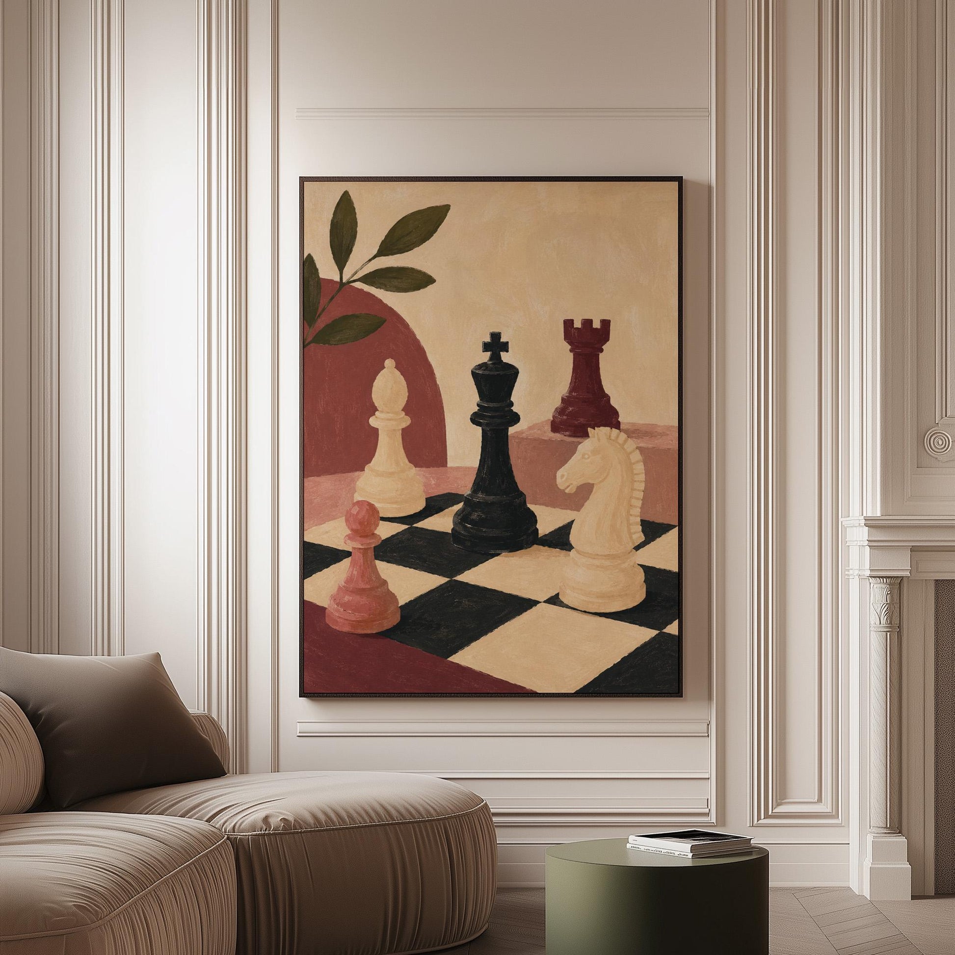 Chess pieces on a tilted board with an olive sprig and a red arch, canvas print on a softly lit wall in a calm interior