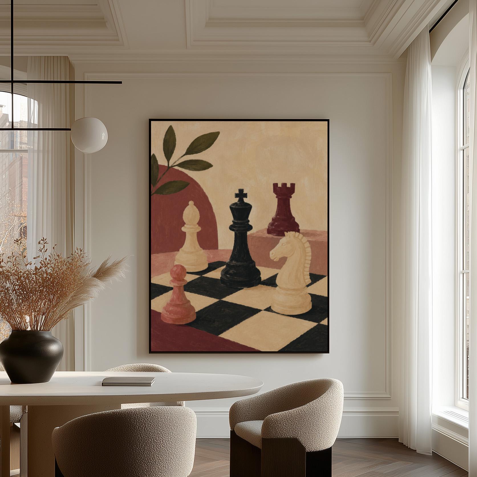 Chess pieces on a tilted board with an olive sprig and a red arch, canvas print displayed on a neutral wall in a styled interior