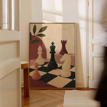 Chess pieces on a tilted board with an olive sprig and a red arch, canvas wall art hanging in a calm, modern living space