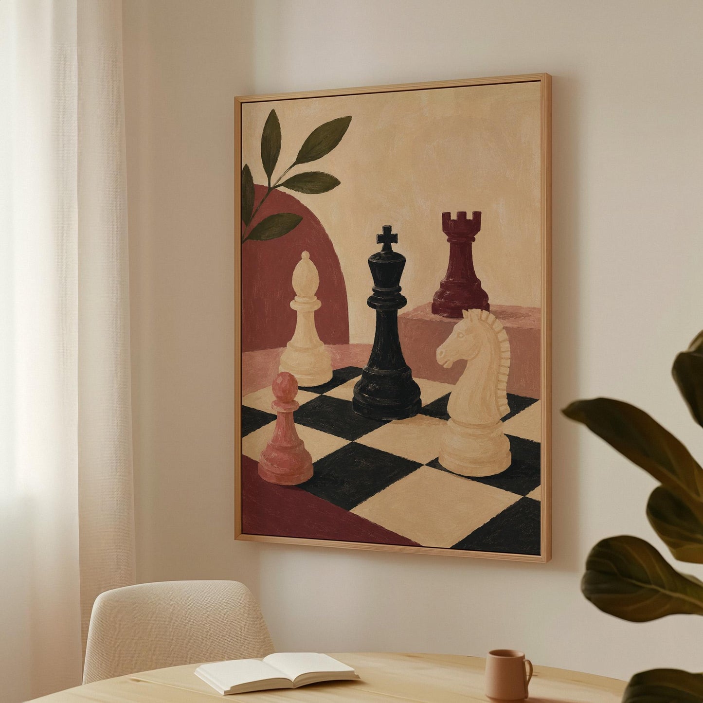 Chess pieces on a tilted board with an olive sprig and a red arch, canvas wall art presented in a light, minimal room