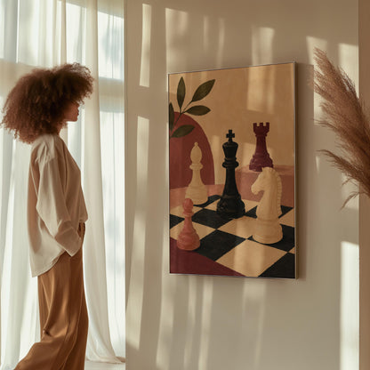 Chess pieces on a tilted board with an olive sprig and a red arch, canvas wall art on a quiet wall in a considered interior