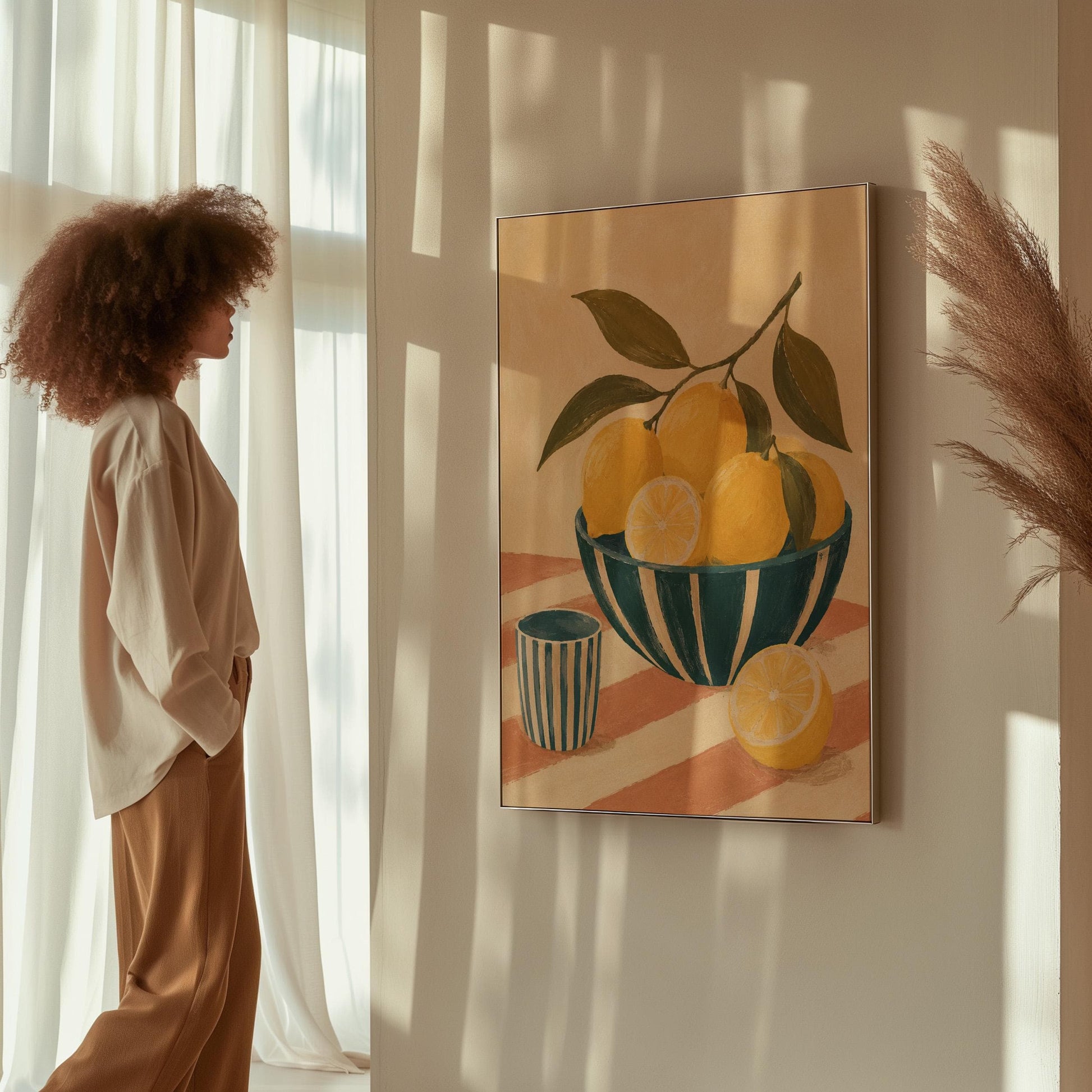 Lemons on the branch in a teal striped bowl on a pink striped cloth, canvas print on a quiet wall in a considered interior