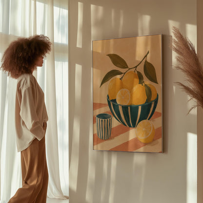 Lemons on the branch in a teal striped bowl on a pink striped cloth, canvas print on a quiet wall in a considered interior