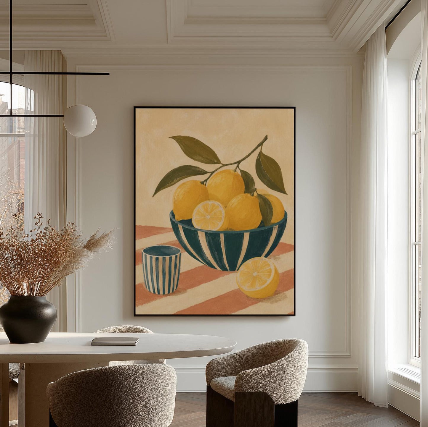 Lemons on the branch in a teal striped bowl on a pink striped cloth, canvas print shown to scale in a furnished room