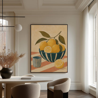 Lemons on the branch in a teal striped bowl on a pink striped cloth, canvas print shown to scale in a furnished room