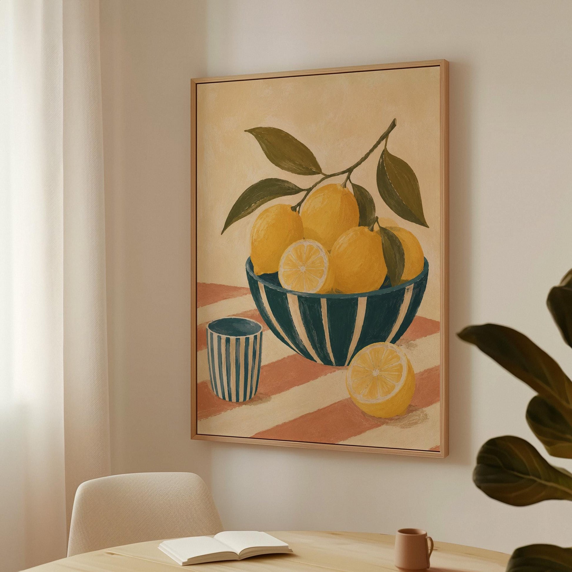 Lemons on the branch in a teal striped bowl on a pink striped cloth, canvas print shown in a sunlit, contemporary room