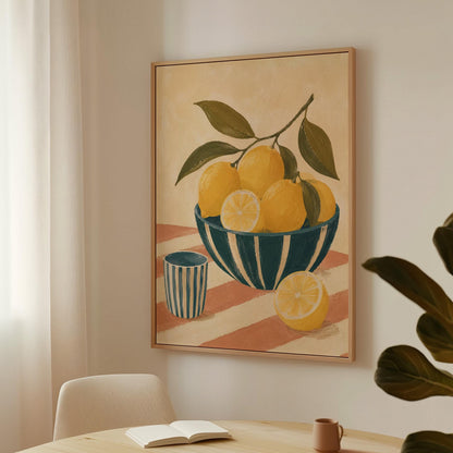 Lemons on the branch in a teal striped bowl on a pink striped cloth, canvas print shown in a sunlit, contemporary room