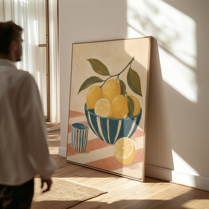 Lemons on the branch in a teal striped bowl on a pink striped cloth, canvas wall art presented in a light, minimal room