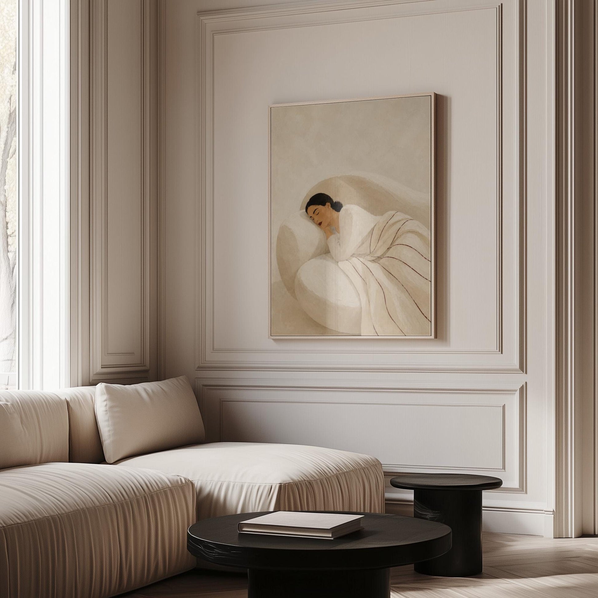Woman sleeping under a white quilt threaded with fine burgundy lines, canvas print styled against a soft white wall
