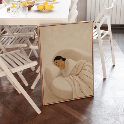 Woman sleeping under a white quilt threaded with fine burgundy lines, canvas print shown in a sunlit, contemporary room