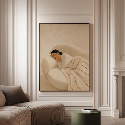 Woman sleeping under a white quilt threaded with fine burgundy lines, canvas print on a softly lit wall in a calm interior