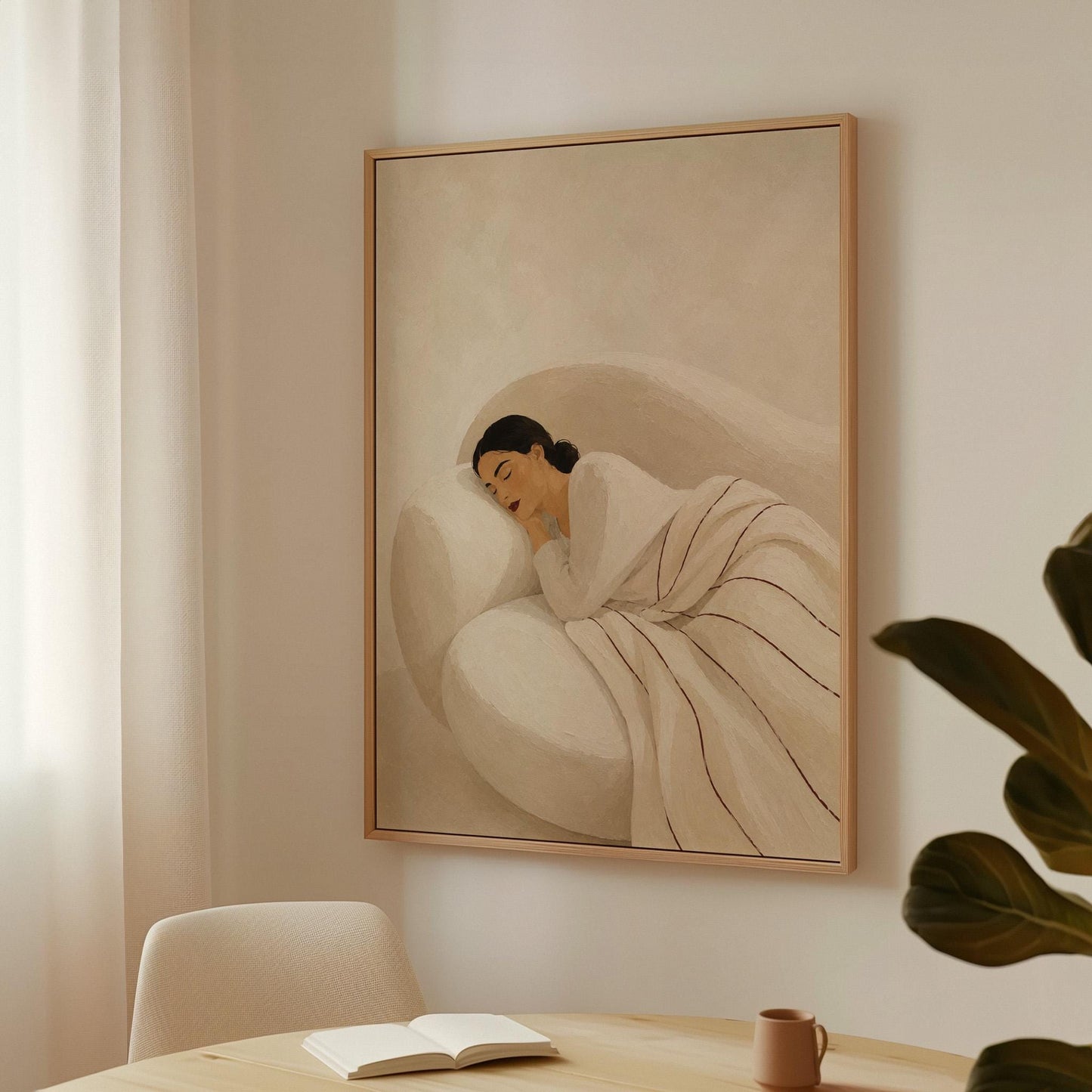 Woman sleeping under a white quilt threaded with fine burgundy lines, canvas wall art presented in a light, minimal room