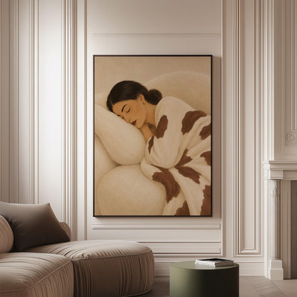Woman asleep on a pillow under a cream blanket with brown markings, canvas print on a softly lit wall in a calm interior