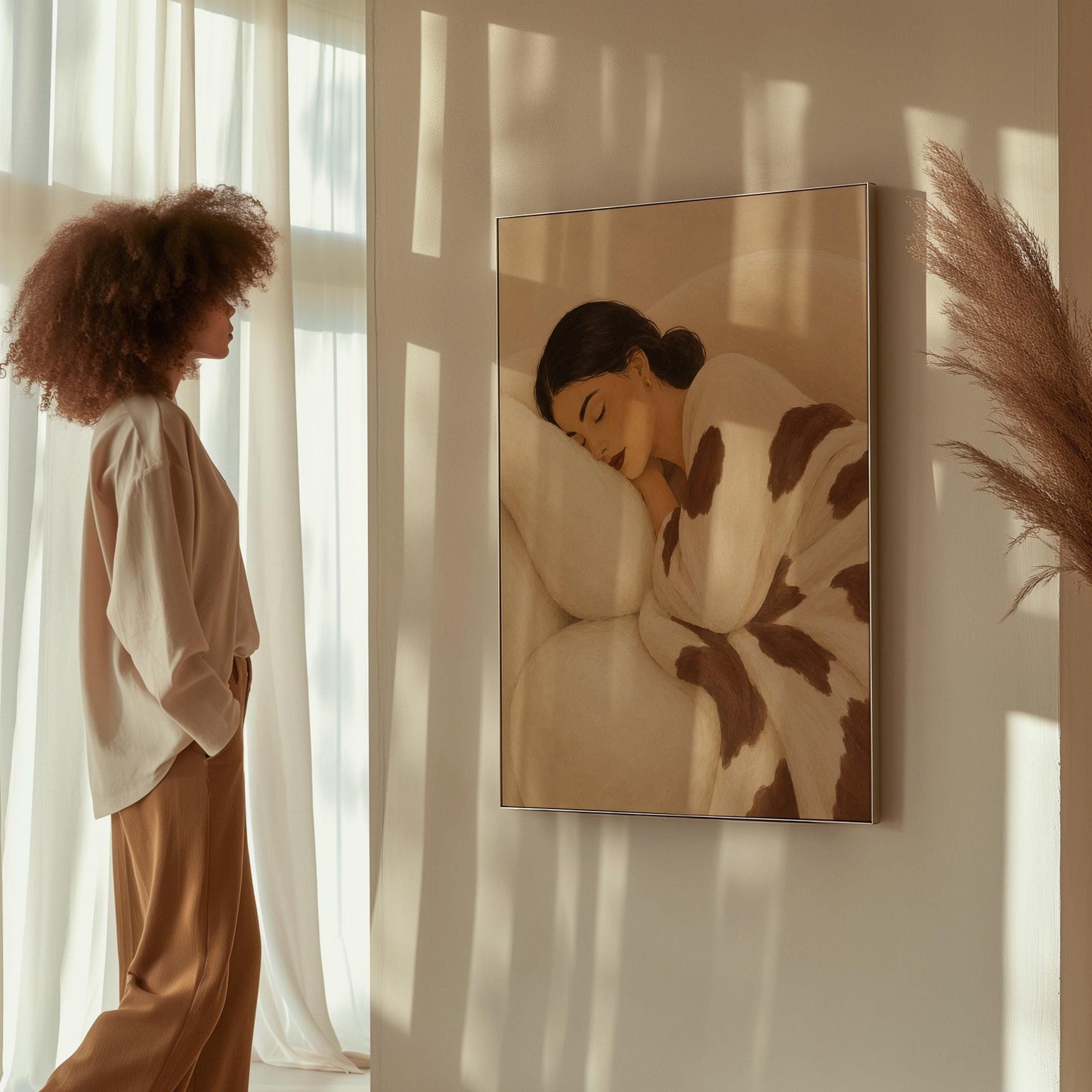 Woman asleep on a pillow under a cream blanket with brown markings, canvas print shown to scale in a furnished room