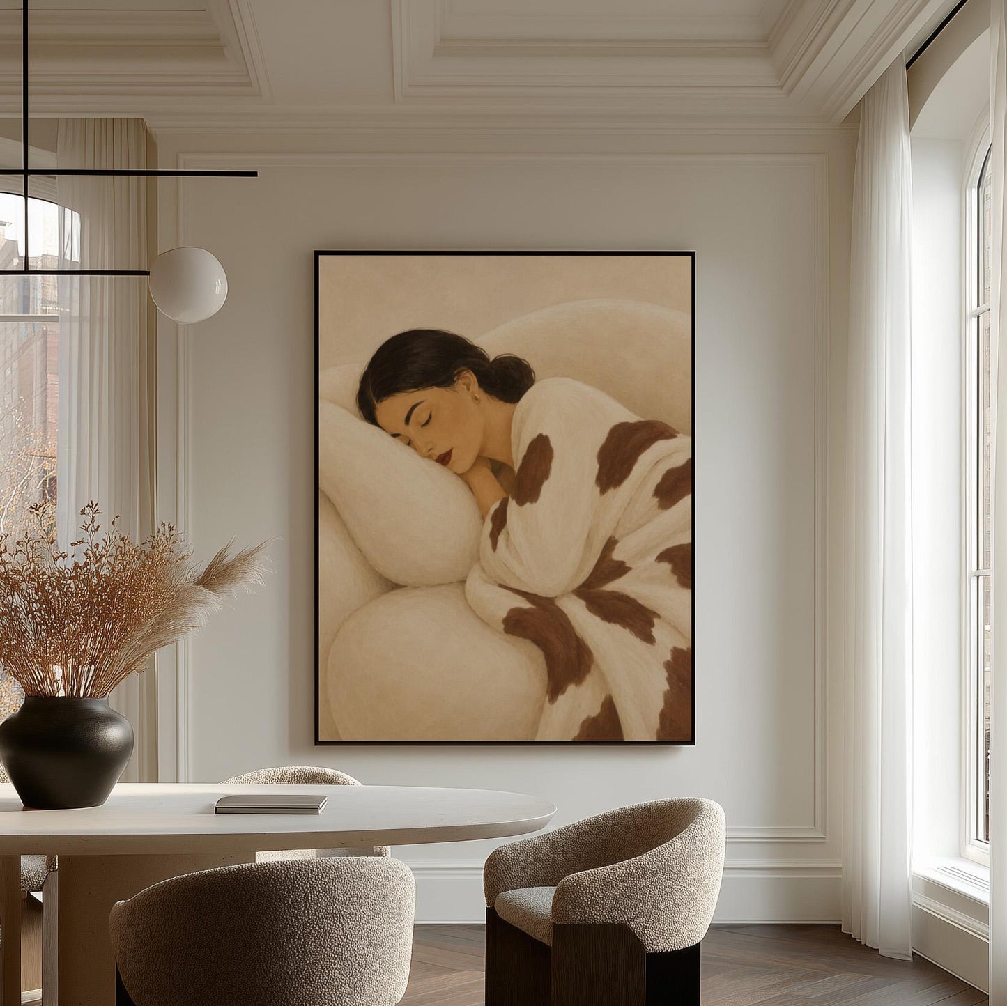 Woman asleep on a pillow under a cream blanket with brown markings, canvas wall art hanging in a calm, modern living space