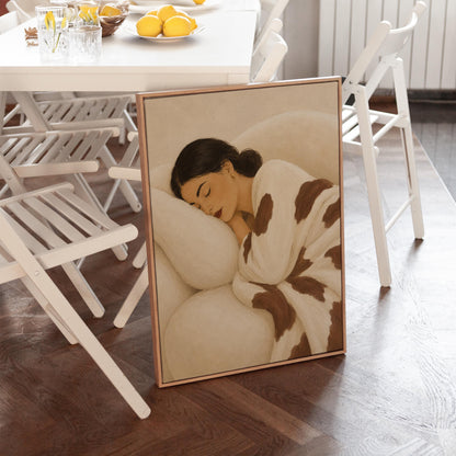 Woman asleep on a pillow under a cream blanket with brown markings, canvas wall art on a quiet wall in a considered interior