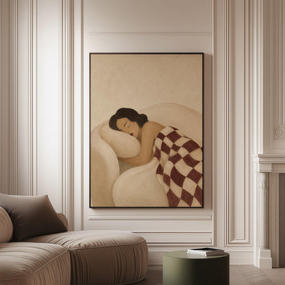 Woman sleeping under a burgundy and cream checkerboard blanket, canvas print on a softly lit wall in a calm interior