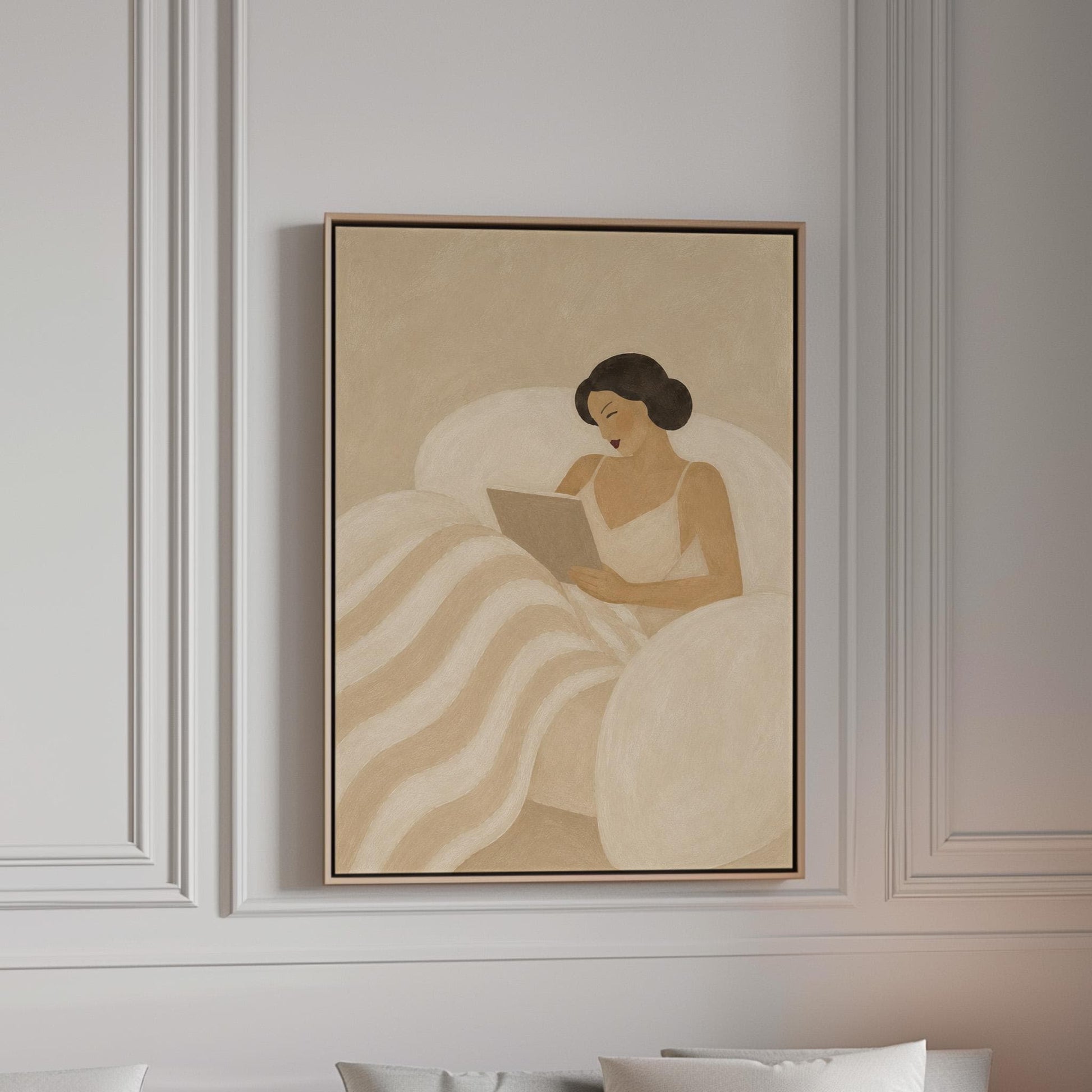 Woman in a white slip sitting up in bed reading in morning light, canvas print in a bright room with natural daylight