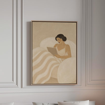 Woman in a white slip sitting up in bed reading in morning light, canvas print in a bright room with natural daylight
