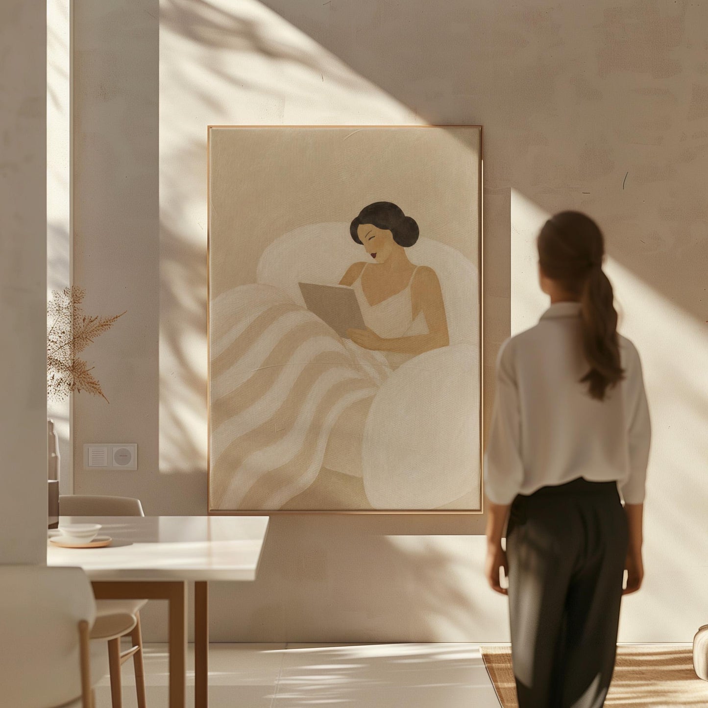 Woman in a white slip sitting up in bed reading in morning light, canvas wall art seen in a warm interior with natural light