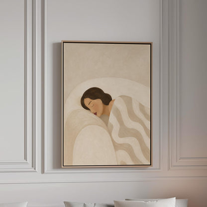 Woman asleep beneath a quilt of rolling cream and sand wave shapes, canvas print in a bright room with natural daylight