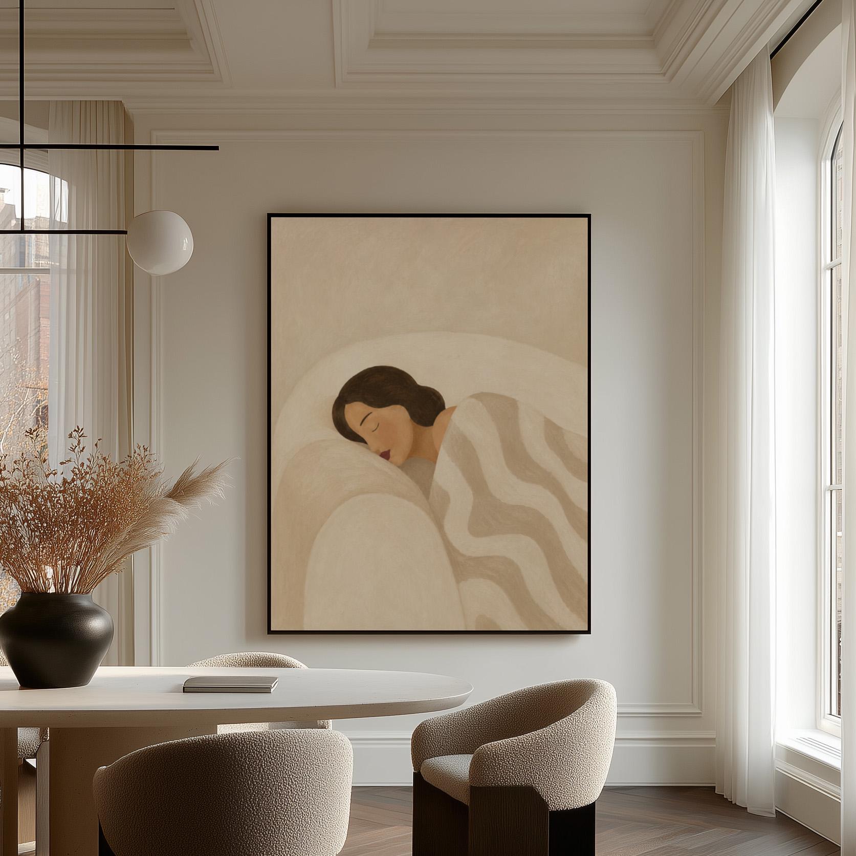 Woman asleep beneath a quilt of rolling cream and sand wave shapes, canvas print styled against a soft white wall