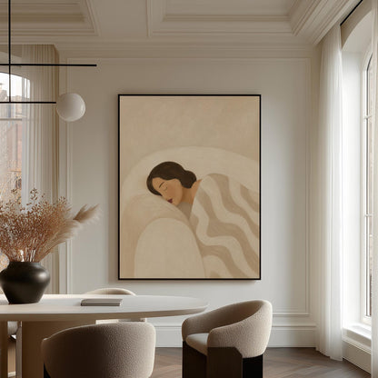 Woman asleep beneath a quilt of rolling cream and sand wave shapes, canvas print styled against a soft white wall