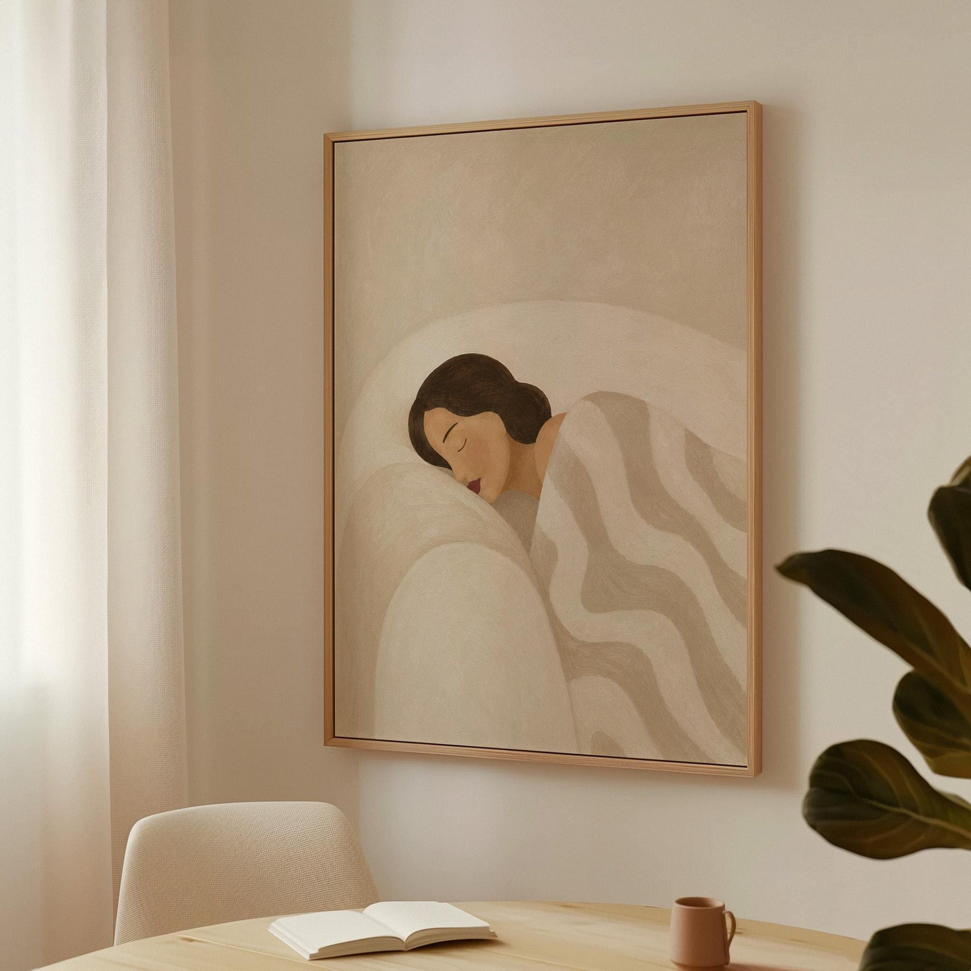 Woman asleep beneath a quilt of rolling cream and sand wave shapes, canvas print presented in a light, minimal room