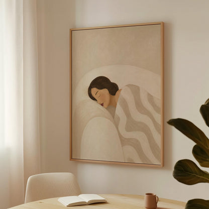 Woman asleep beneath a quilt of rolling cream and sand wave shapes, canvas print presented in a light, minimal room