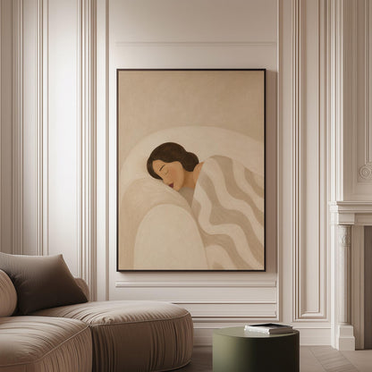 Woman asleep beneath a quilt of rolling cream and sand wave shapes, canvas print on a softly lit wall in a calm interior