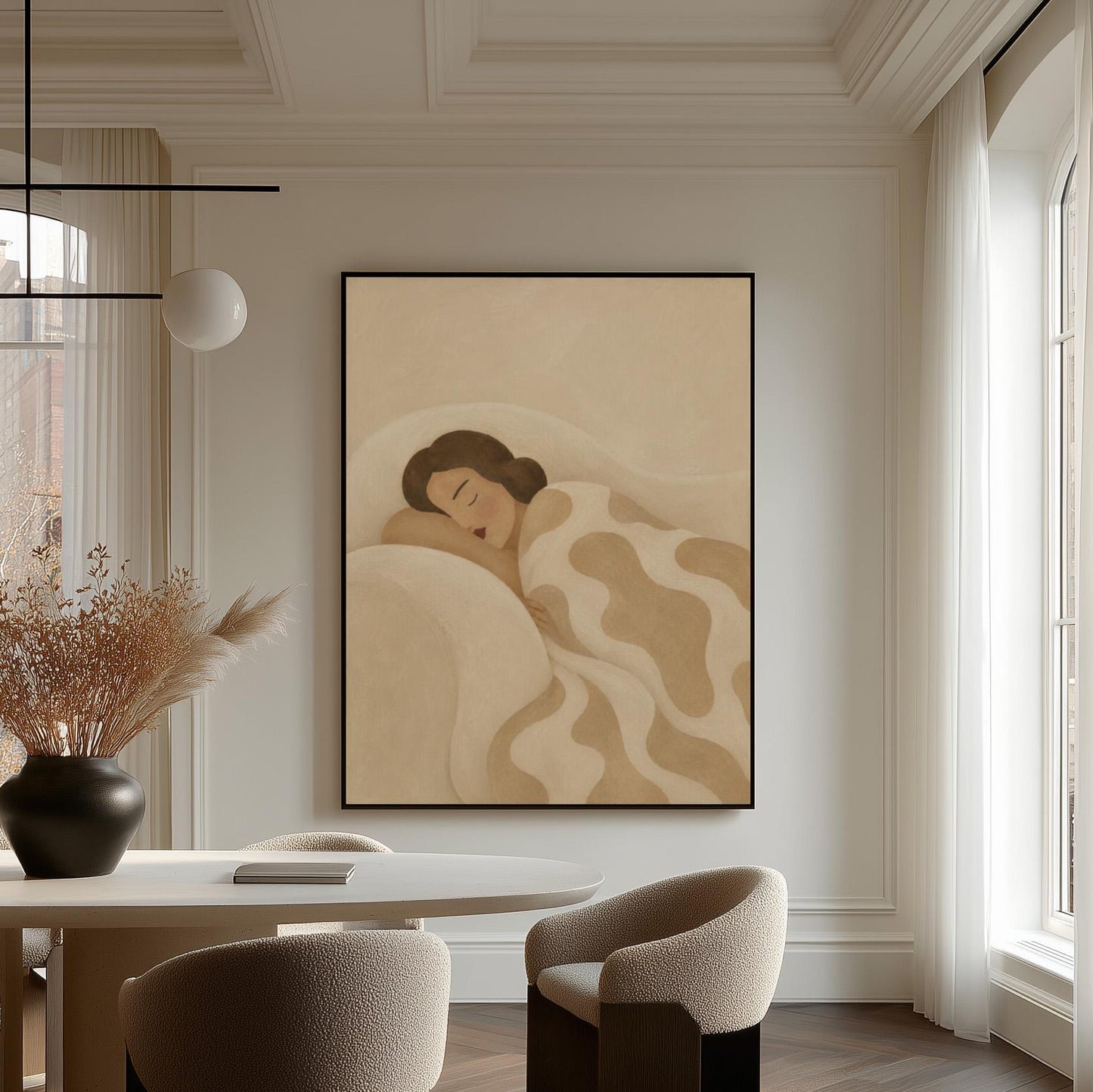 Woman sleeping under a cream blanket with soft camel cloud shapes, canvas print hanging in a calm, modern living space
