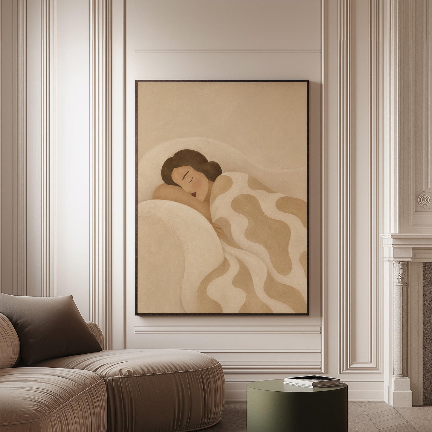 Woman sleeping under a cream blanket with soft camel cloud shapes, canvas print on a softly lit wall in a calm interior
