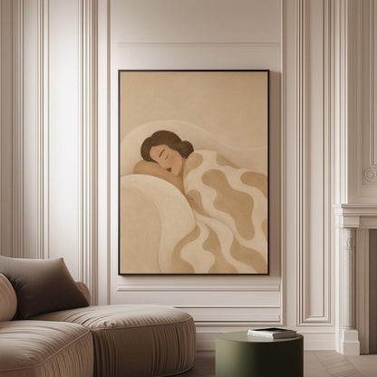 Woman sleeping under a cream blanket with soft camel cloud shapes, canvas print on a softly lit wall in a calm interior