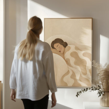 Woman sleeping under a cream blanket with soft camel cloud shapes, canvas print presented in a light, minimal room