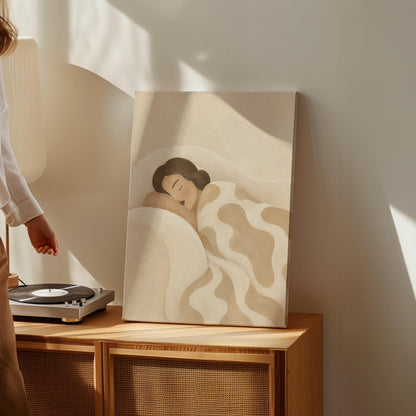 Woman sleeping under a cream blanket with soft camel cloud shapes, canvas print on a quiet wall in a considered interior