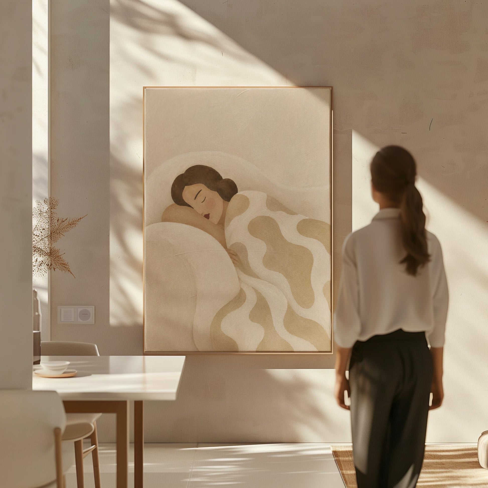 Woman sleeping under a cream blanket with soft camel cloud shapes, canvas print displayed on a neutral wall in a styled interior