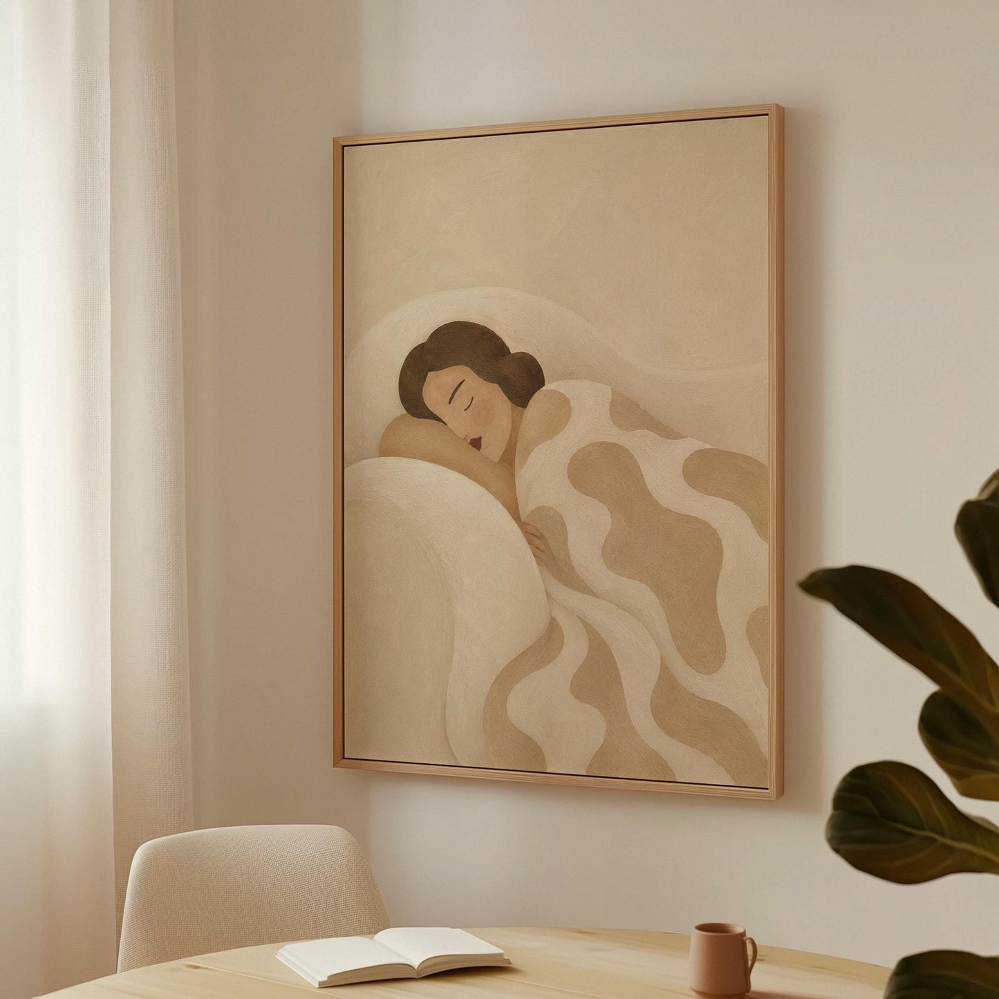 Woman sleeping under a cream blanket with soft camel cloud shapes, canvas print styled against a soft white wall