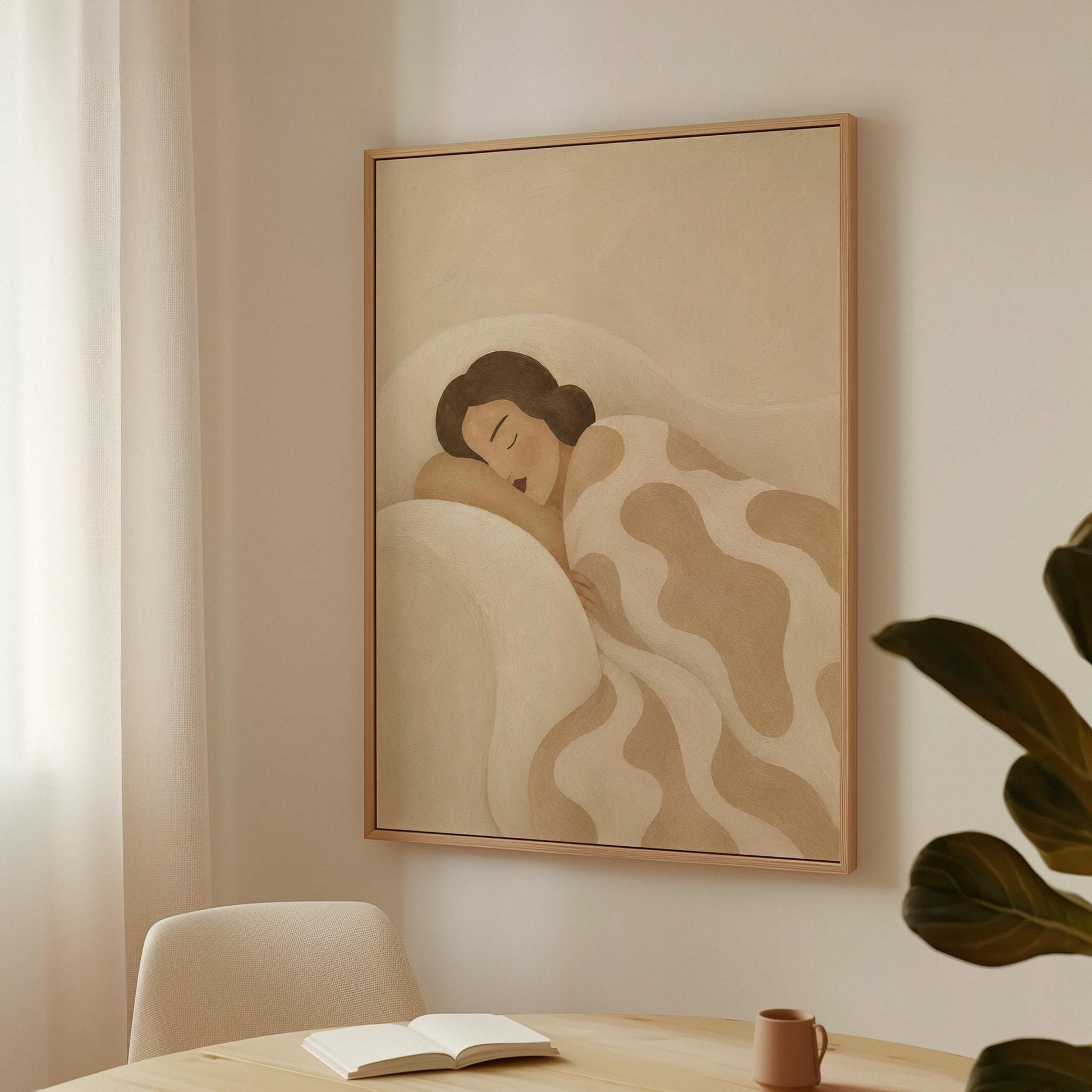Woman sleeping under a cream blanket with soft camel cloud shapes, canvas print styled against a soft white wall