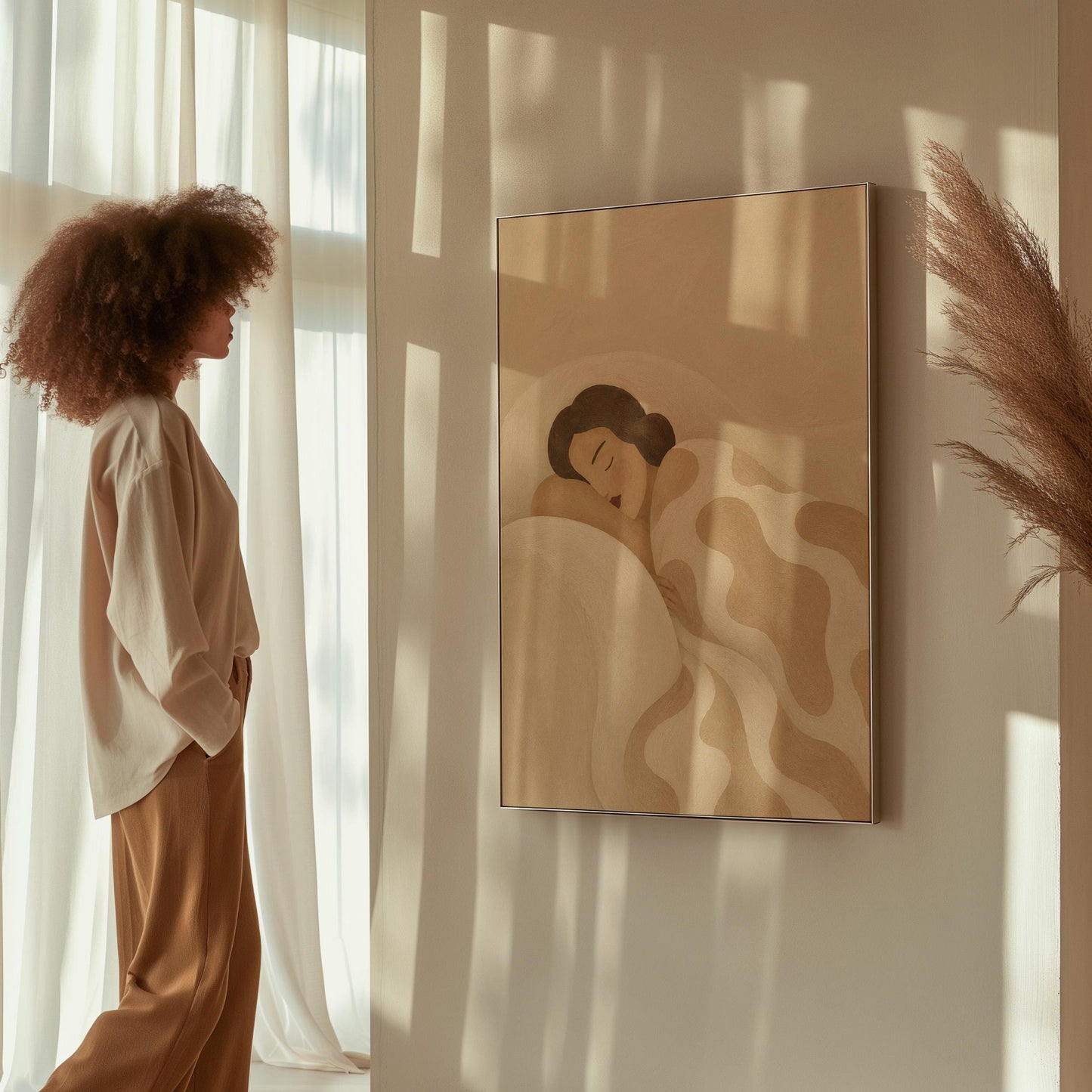 Woman sleeping under a cream blanket with soft camel cloud shapes, canvas wall art presented in a light, minimal room