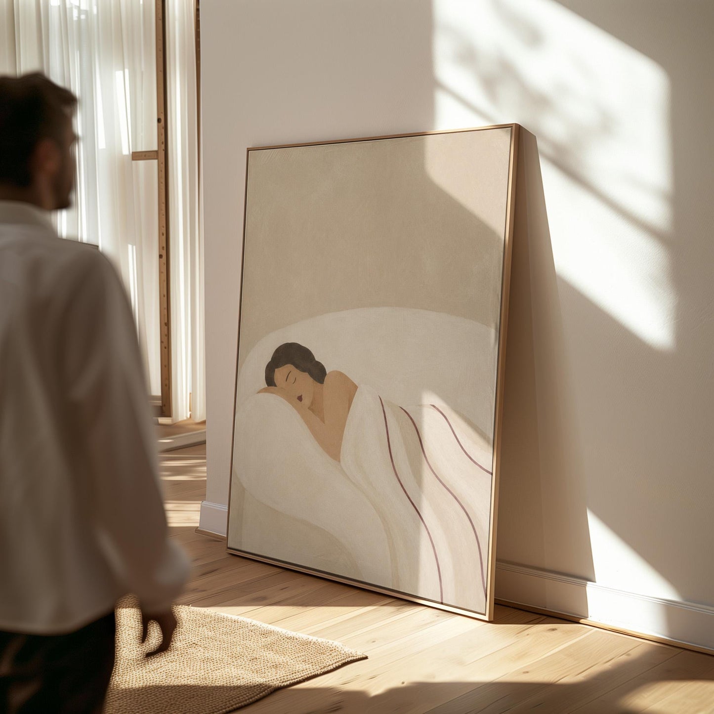 Woman asleep on her side under white linen with thin maroon lines, canvas print styled against a soft white wall