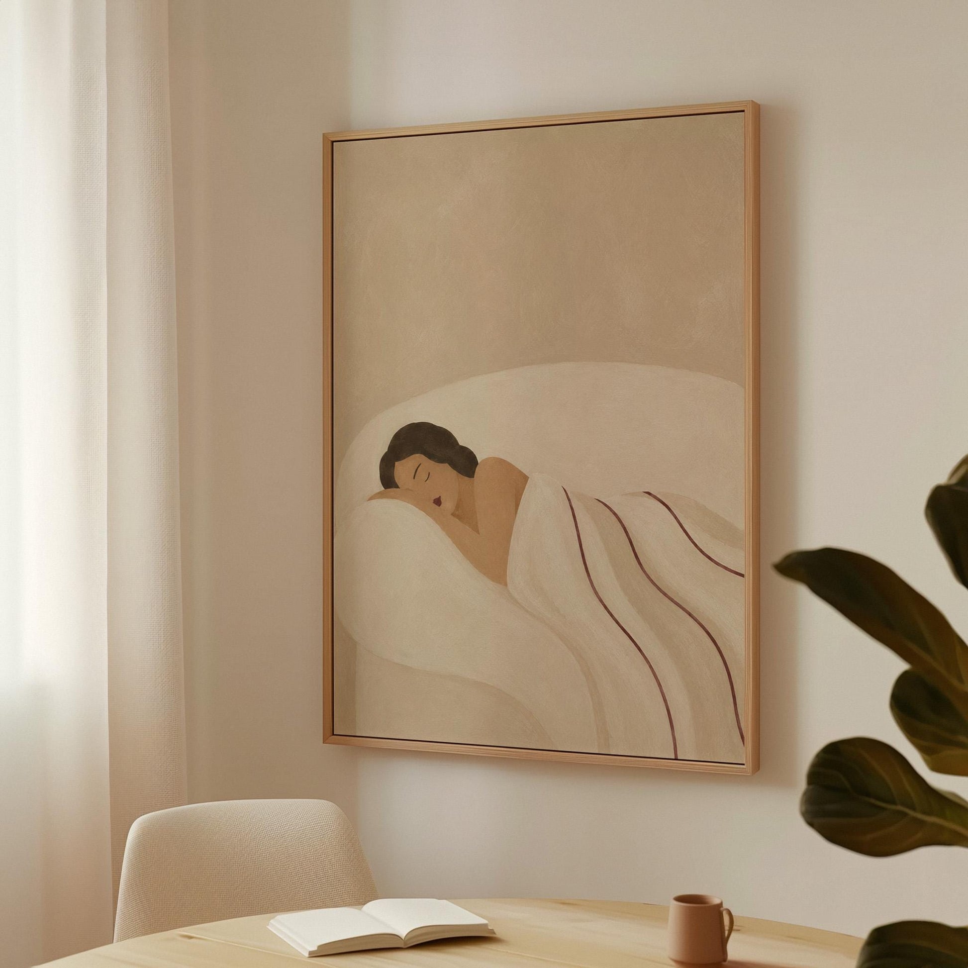 Woman asleep on her side under white linen with thin maroon lines, canvas print seen in a warm interior with natural light