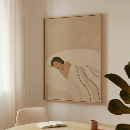 Woman asleep on her side under white linen with thin maroon lines, canvas print seen in a warm interior with natural light