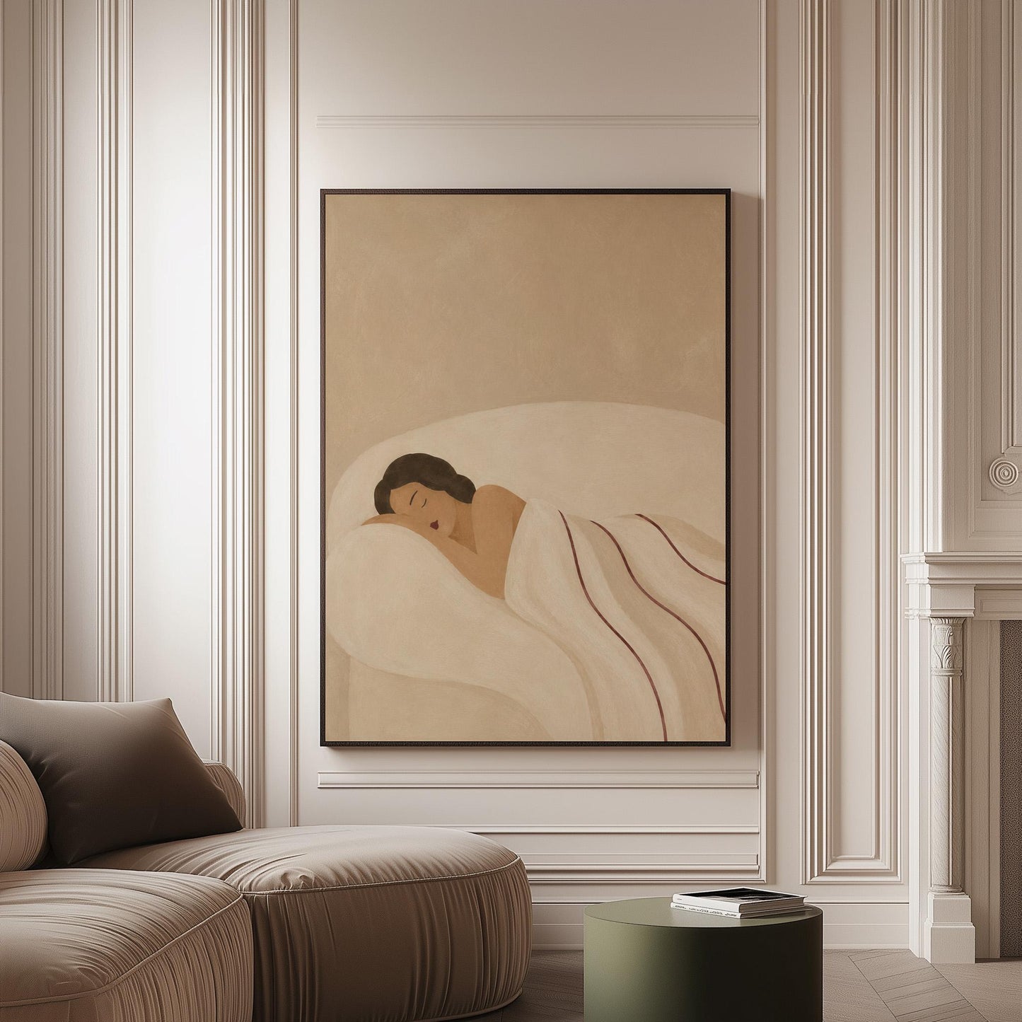 Woman asleep on her side under white linen with thin maroon lines, canvas print on a softly lit wall in a calm interior