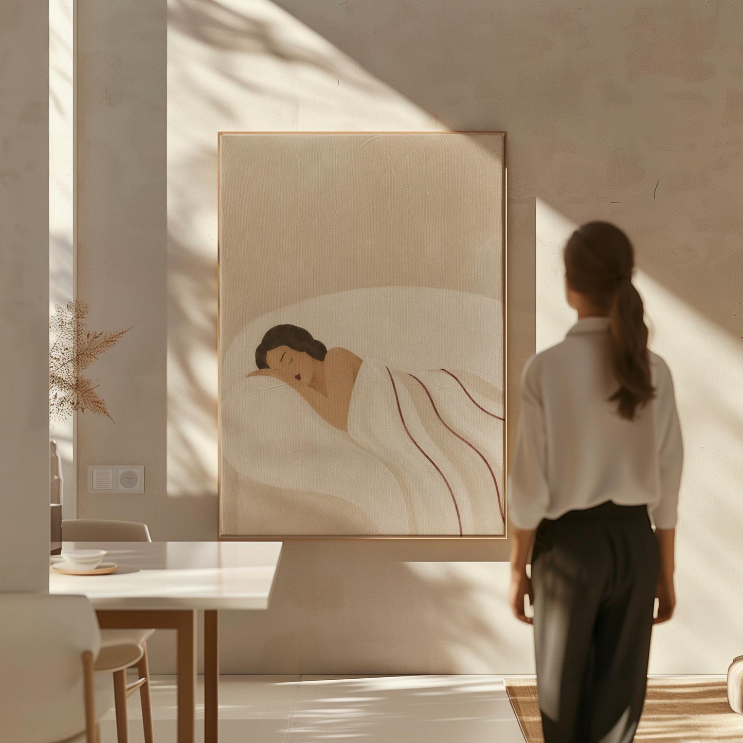 Woman asleep on her side under white linen with thin maroon lines, canvas wall art seen in a warm interior with natural light