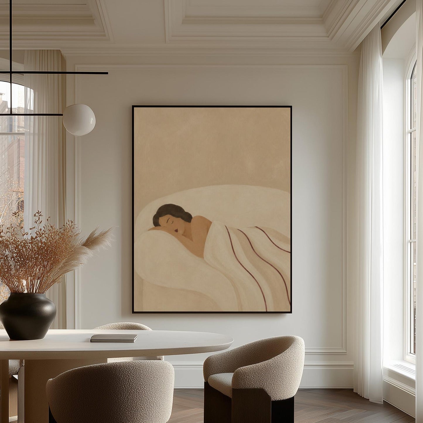 Woman asleep on her side under white linen with thin maroon lines, canvas wall art presented in a light, minimal room