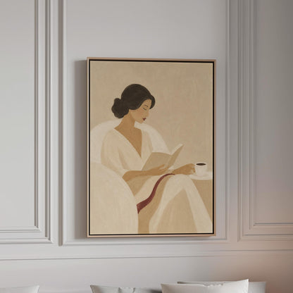 Woman in a white robe reading in an armchair with a black coffee, canvas print in a bright room with natural daylight