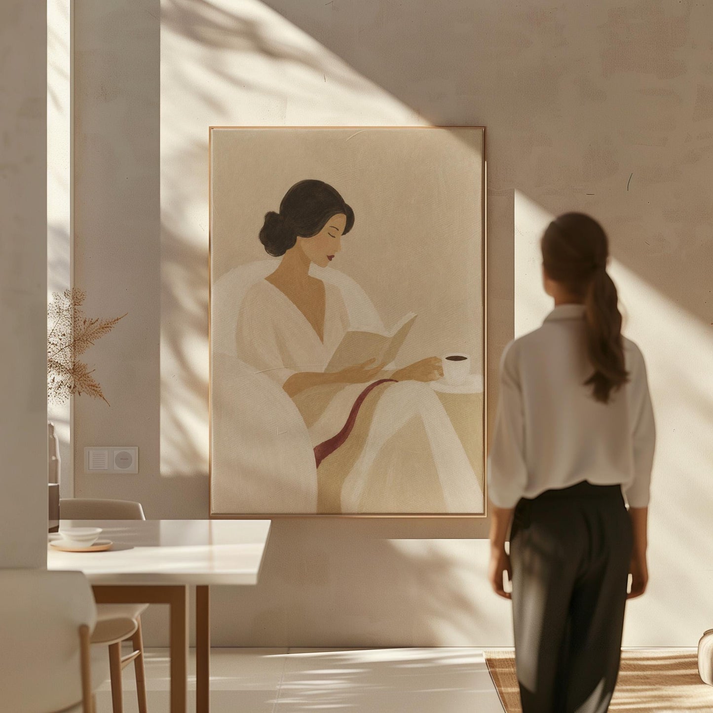 Woman in a white robe reading in an armchair with a black coffee, canvas print hanging in a calm, modern living space