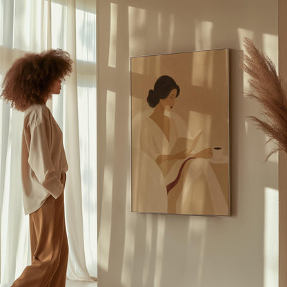 Woman in a white robe reading in an armchair with a black coffee, canvas print styled against a soft white wall
