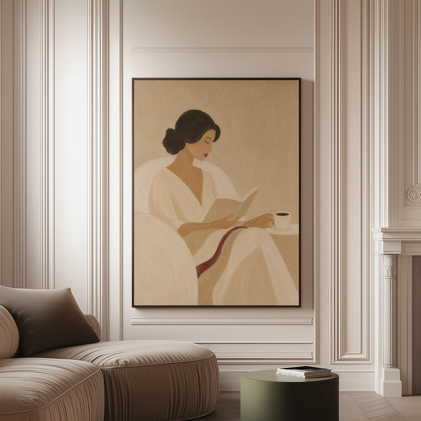 Woman in a white robe reading in an armchair with a black coffee, canvas print on a softly lit wall in a calm interior